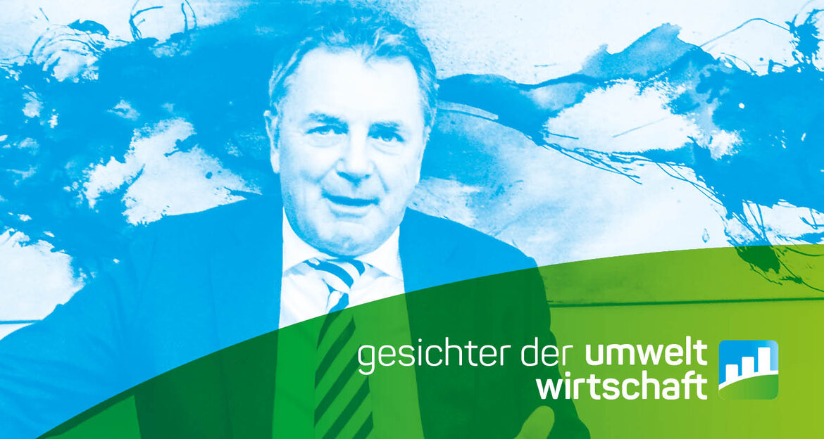 Farbverfremdetes Foto des Gründers mit Schriftzug "Gesichter der Umweltwirtschaft"