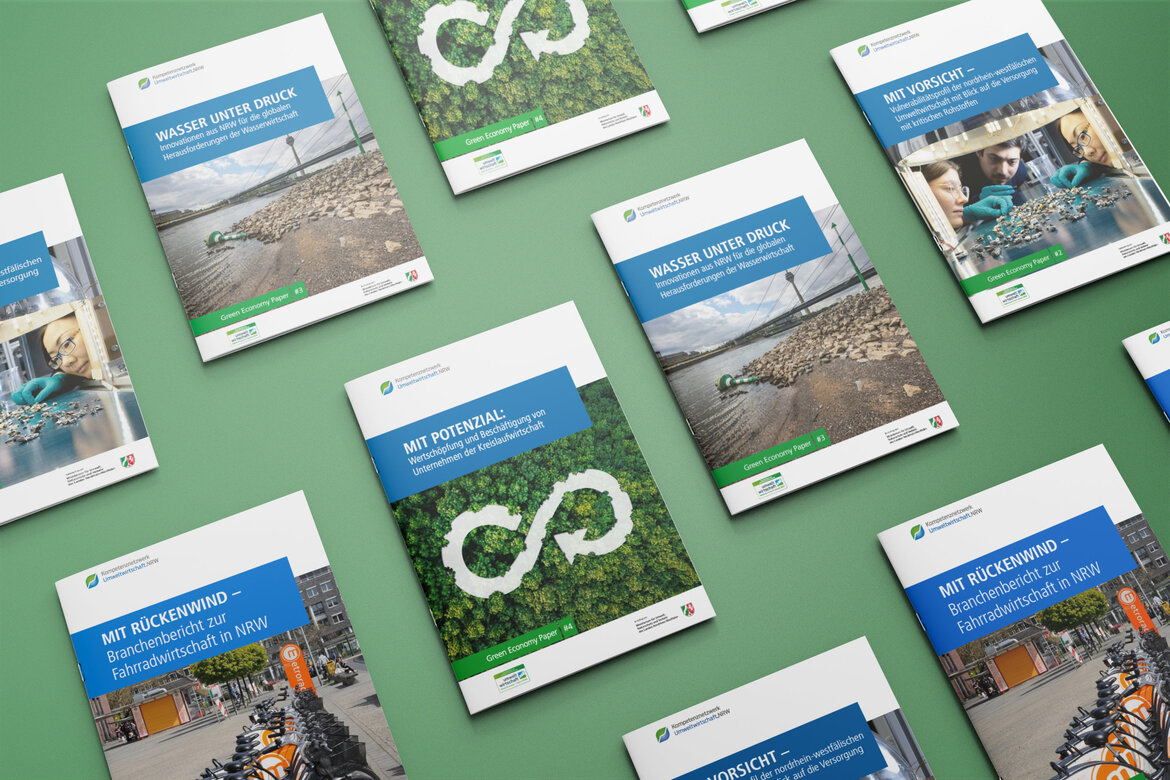 Die verschiedenen Ausgaben der Reihe Green-Economy-Paper vor einem grünen Hintergrund