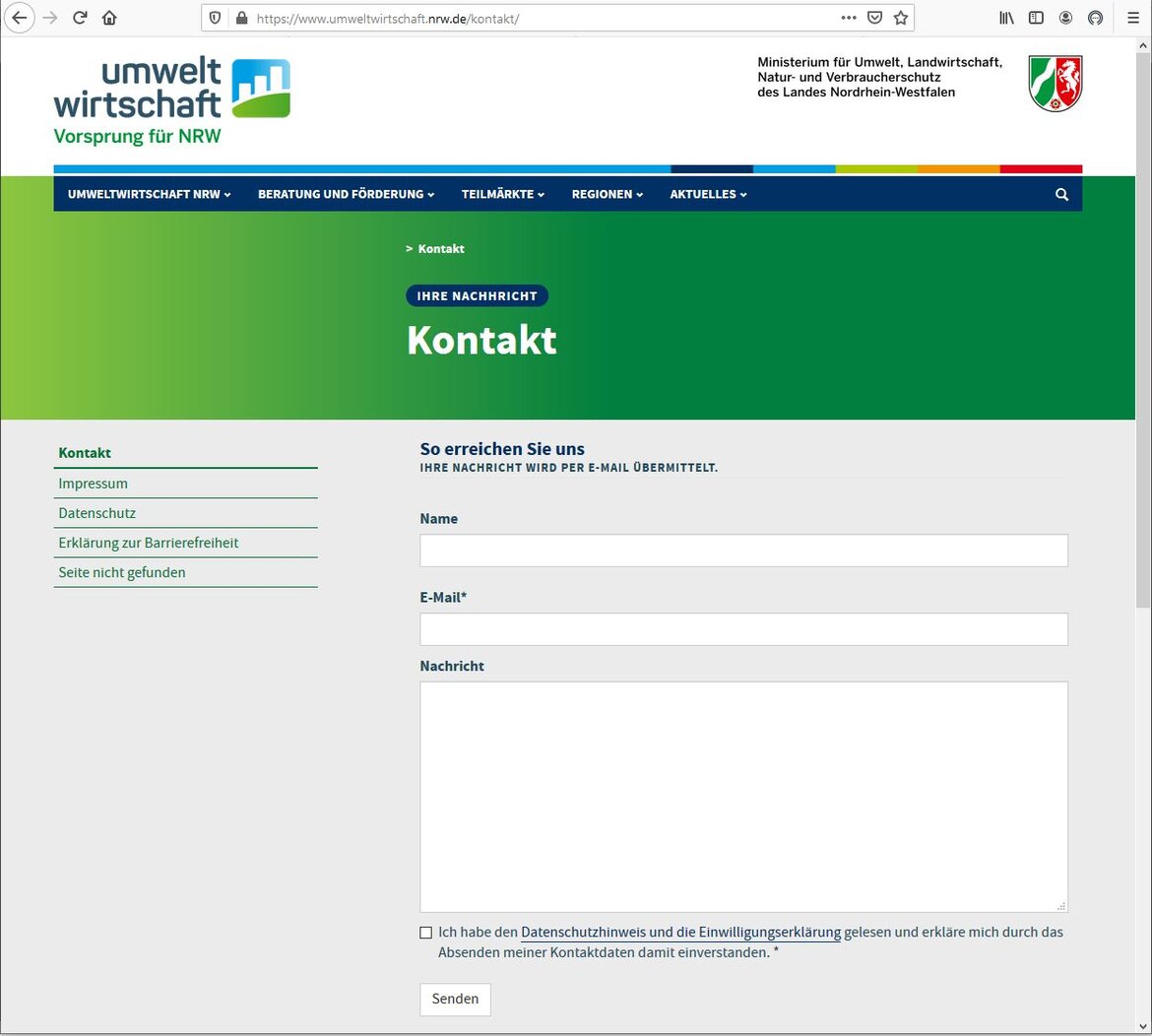 Ein Screenshot des Kontaktformulars auf der Seite Kontakt