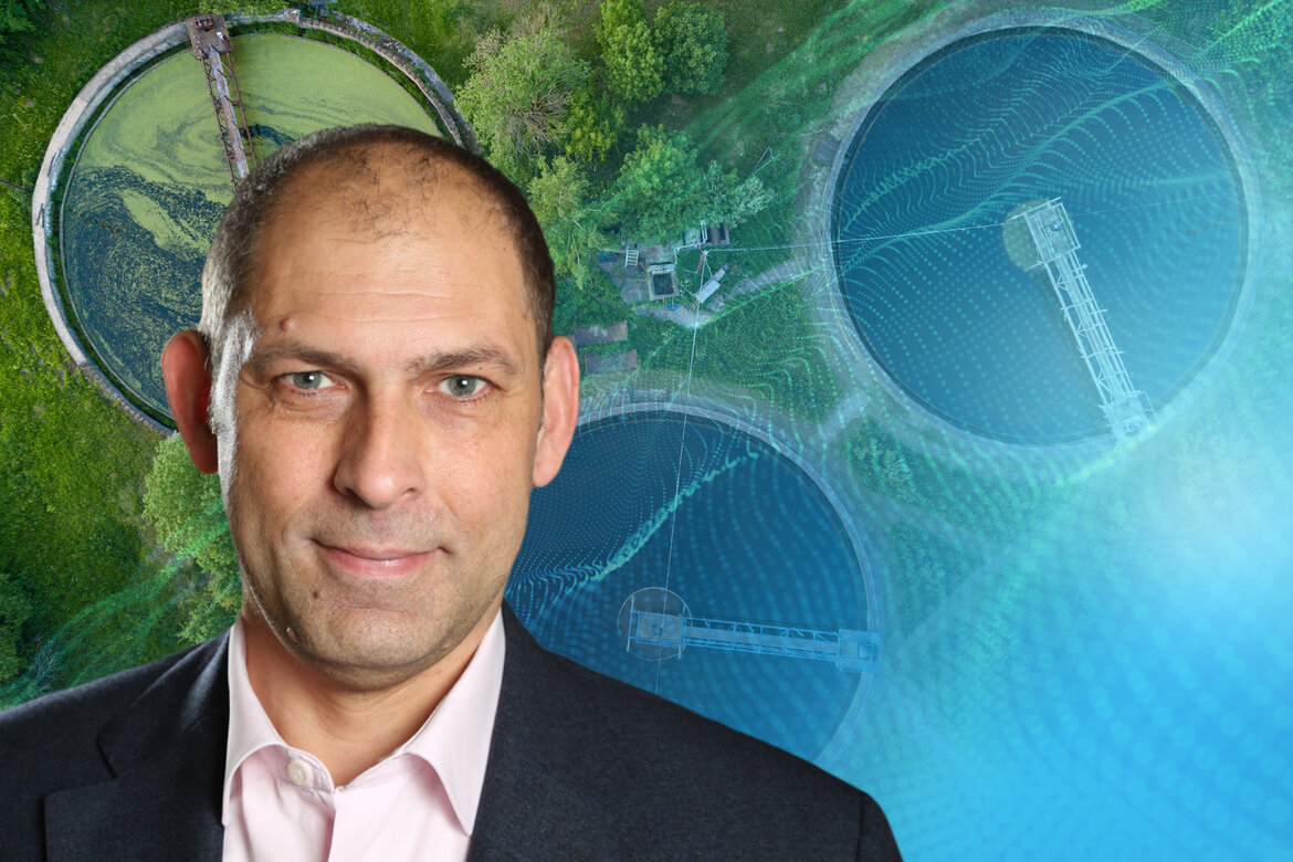 Portraitaufnahme vor dem Foto eines Wasserwerks und einer Computerdarstellung von Wasser