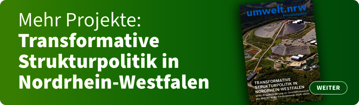 Banner mit der Aufschrift Transformative Strukturpolitik in Nordrhein-Westfalen, mehr Projekte